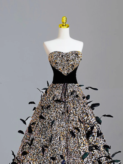 Robe de bal élégante et glamour, sans bretelles, noire, à paillettes, longue, robe de soirée, DP1578