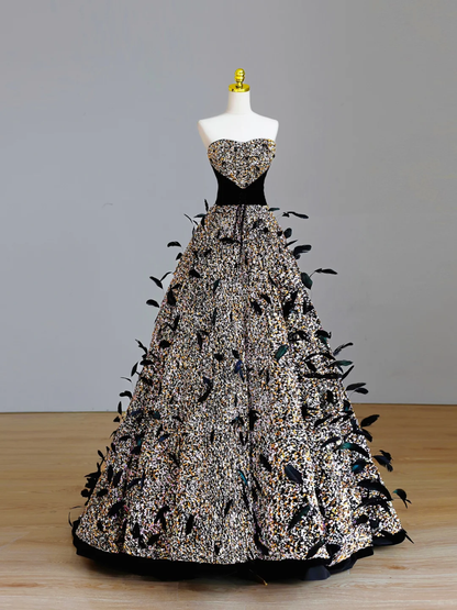 Robe de bal élégante et glamour, sans bretelles, noire, à paillettes, longue, robe de soirée, DP1578