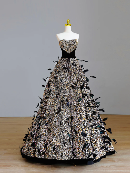 Robe de bal élégante et glamour, sans bretelles, noire, à paillettes, longue, robe de soirée, DP1578