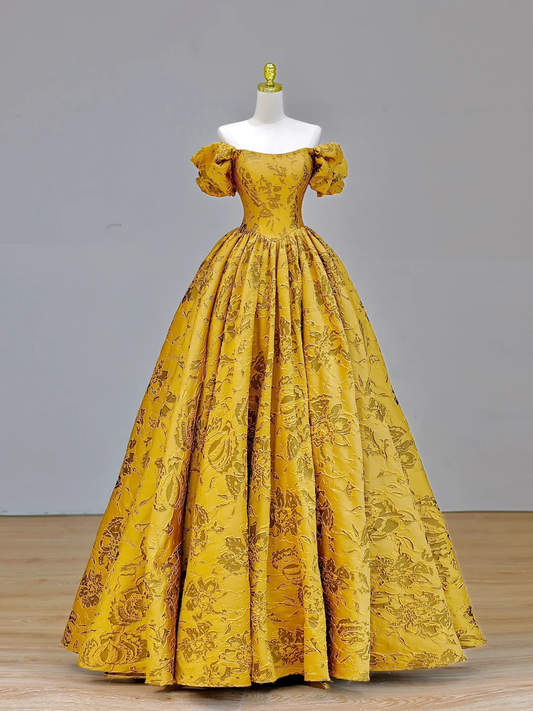 Robe de bal élégante et glamour, épaules dénudées, longue, en satin jaune, robe de soirée, DP1587