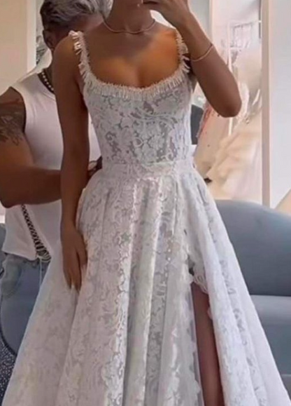 Classic Bridal Gown A line Square Lace White Summer Long Wedding Dresses Minimalist Bridal Gowns DP1596