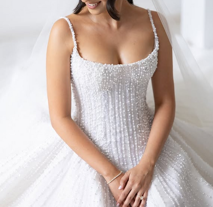 Pretty Wedding Dress Ball Gown Spaghetti Straps Sequin White Wedding Dresses Bridal Gowns DP1597