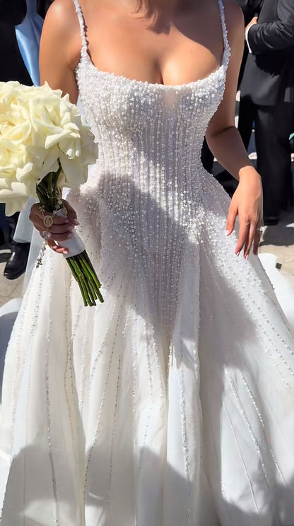 Pretty Wedding Dress Ball Gown Spaghetti Straps Sequin White Wedding Dresses Bridal Gowns DP1597