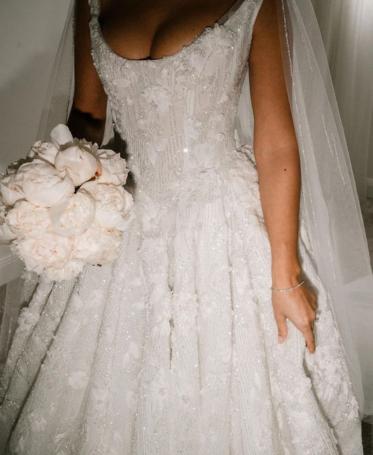 Robe de mariée classique, robe de bal carrée à paillettes, blanche, longue, robes de mariée minimalistes, DP1599