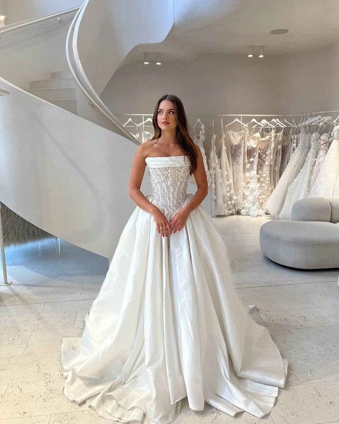 Robe de mariée classique, robe de bal, bustier, satin blanc, robes de mariée minimalistes, DP1601