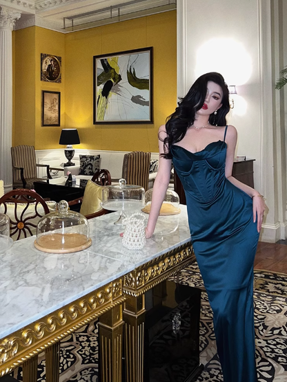 Robe de soirée longue bleue élégante et glamour, style sirène, bretelles spaghetti, DP1632