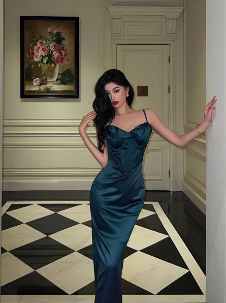 Robe de soirée longue bleue élégante et glamour, style sirène, bretelles spaghetti, DP1632