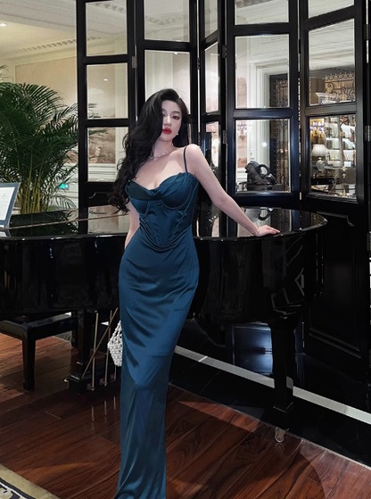 Robe de soirée longue bleue élégante et glamour, style sirène, bretelles spaghetti, DP1632