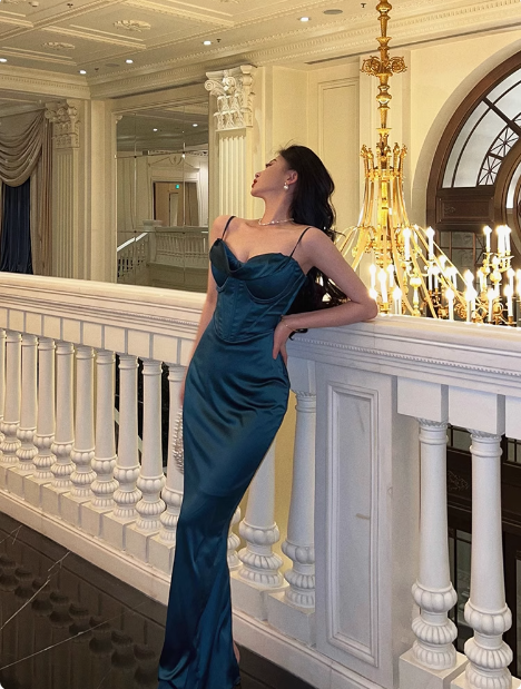 Robe de soirée longue bleue élégante et glamour, style sirène, bretelles spaghetti, DP1632