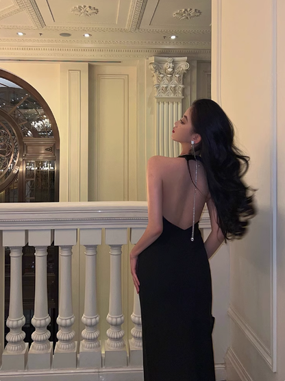 Elegant Glamour Mermaid V Neck Black Backless Long Prom Dress Party Dress Evening Dresses DP1635