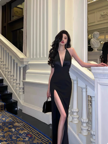 Elegant Glamour Mermaid V Neck Black Backless Long Prom Dress Party Dress Evening Dresses DP1635