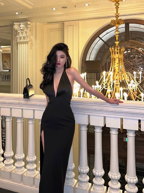 Elegant Glamour Mermaid V Neck Black Backless Long Prom Dress Party Dress Evening Dresses DP1635