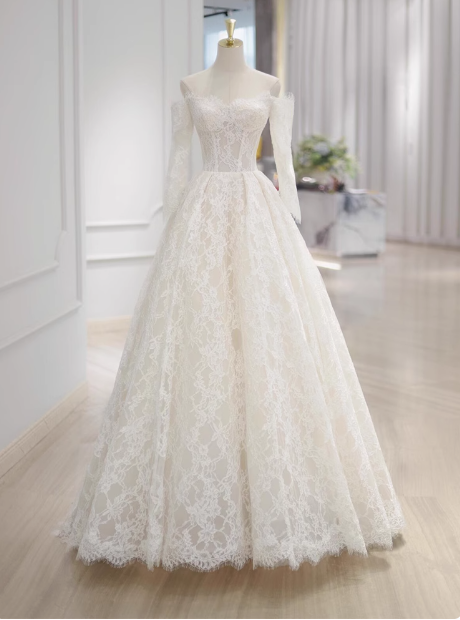Robe de mariée classique, robe de bal, épaules dénudées, manches longues, dentelle, blanche, robes de mariée minimalistes, DP1647