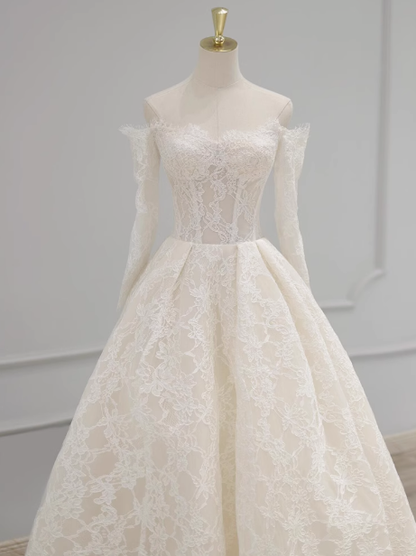 Robe de mariée classique, robe de bal, épaules dénudées, manches longues, dentelle, blanche, robes de mariée minimalistes, DP1647