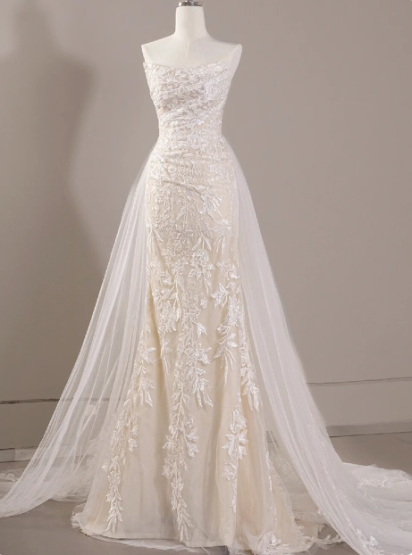 Robe de mariée classique fourreau bustier manches longues dentelle blanche robes de mariée minimalistes DP1648