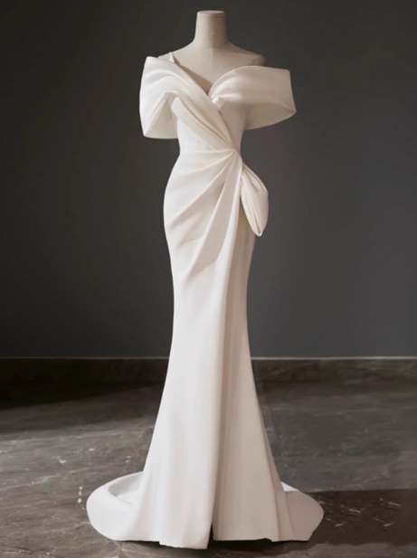 Robe de mariée classique sirène épaules dénudées en satin blanc, robes de mariée minimalistes DP1653