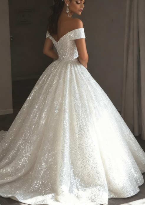 Ethereal Brautkleid Ballkleid aus der Schulter Pailletten weiß Brautkleider Brautkleider DP1676