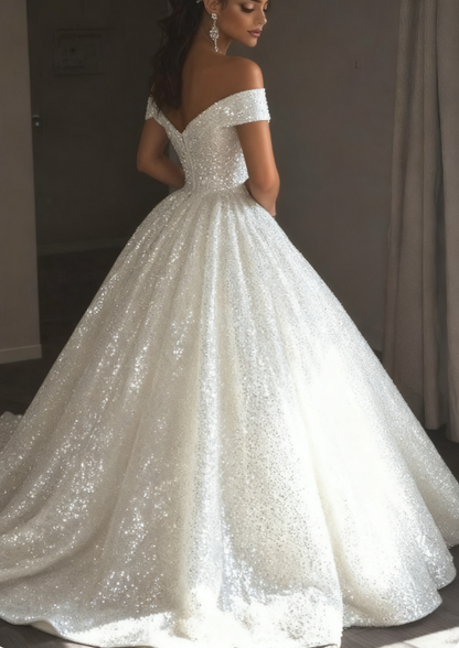 Ethereal Brautkleid Ballkleid aus der Schulter Pailletten weiß Brautkleider Brautkleider DP1676
