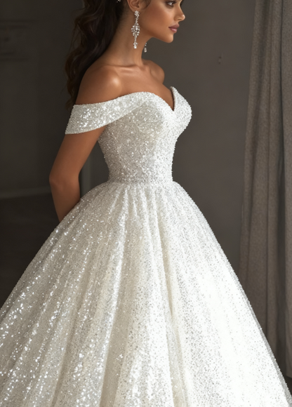 Ethereal Wedding Dress Ball Gown Off The Shoulder Sequin White Wedding Dresses Bridal Gowns DP1676