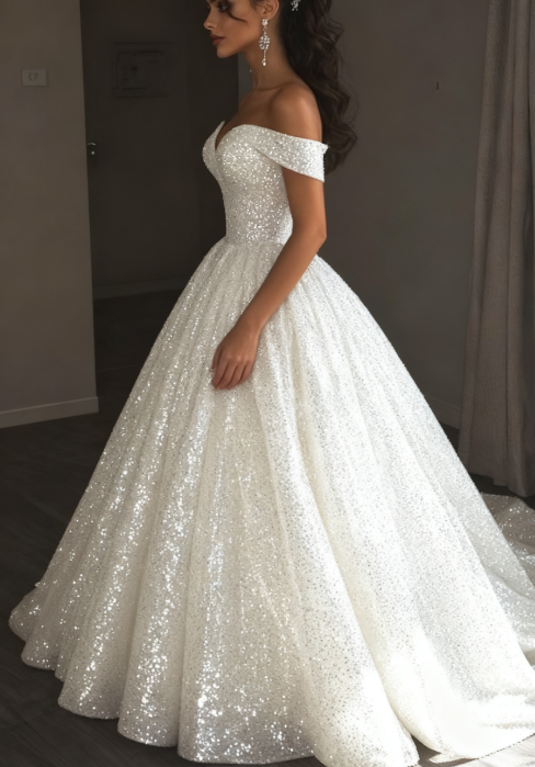 Ethereal Wedding Dress Ball Gown Off The Shoulder Sequin White Wedding Dresses Bridal Gowns DP1676