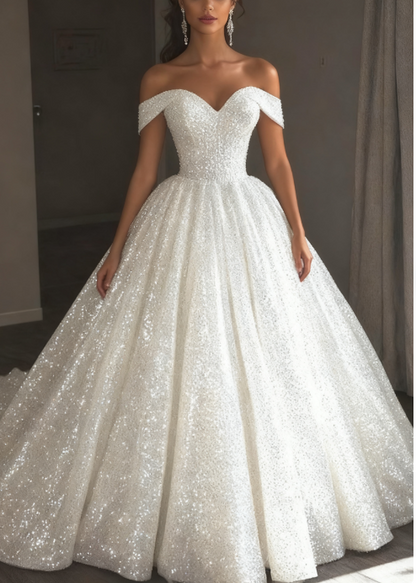 Ethereal Wedding Dress Ball Gown Off The Shoulder Sequin White Wedding Dresses Bridal Gowns DP1676