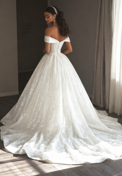 Ethereal Brautkleid Ballkleid aus der Schulter Pailletten weiß Brautkleider Brautkleider DP1676