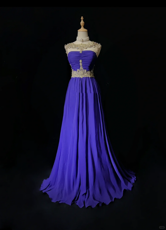 Robe de soirée élégante et glamour, coupe trapèze, bleu roi, en mousseline de soie, longue, DP1686