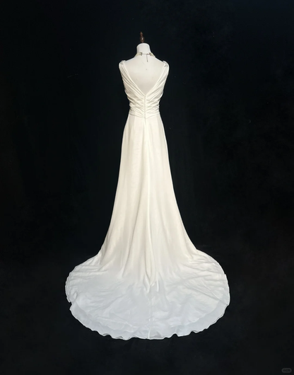 Robe de mariée classique, coupe trapèze, col en V, mousseline de soie, perles, blanche, minimaliste, DP1687