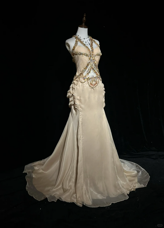 Robe de soirée longue vintage en mousseline de soie, coupe trapèze, col licou, couleur champagne, DP1693