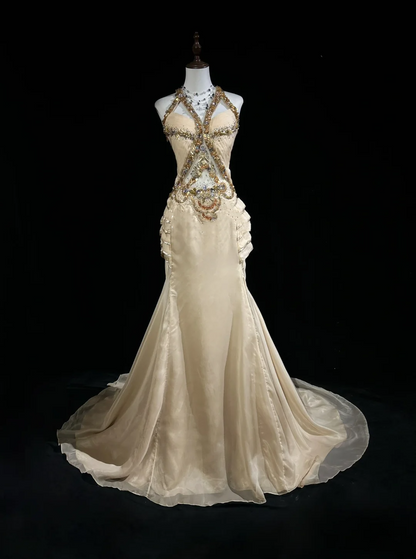 Robe de soirée longue vintage en mousseline de soie, coupe trapèze, col licou, couleur champagne, DP1693