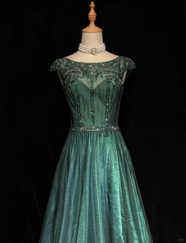 Vintage A Line Scoop Green Tulle Slit Long Prom Dress Party Dress Evening Dresses DP1695