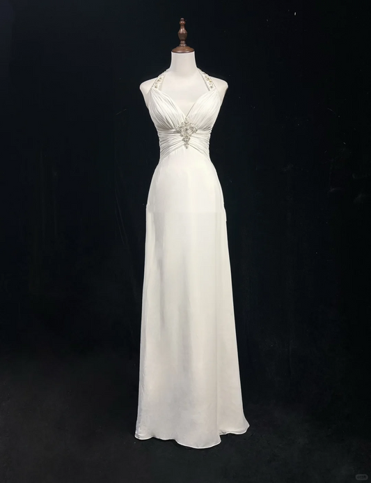 Robe de mariée classique, coupe trapèze, col licou, en mousseline blanche, minimaliste, DP1696