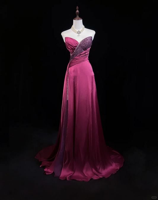 Vintage A Line Sweetheart Pink Slit Satin Long Prom Dress Party Dress Evening Dresses DP1697