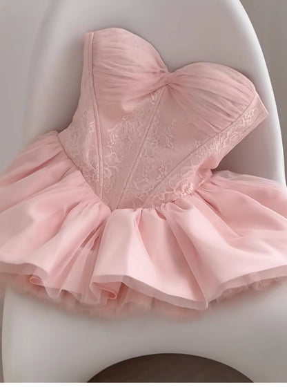 Cute Ball Gown Sweetheart Pink Lace Short Summer Birthday Dress Hoco Dress Birthday Outfit 21st Birthday Mini Party Dresses DP1704