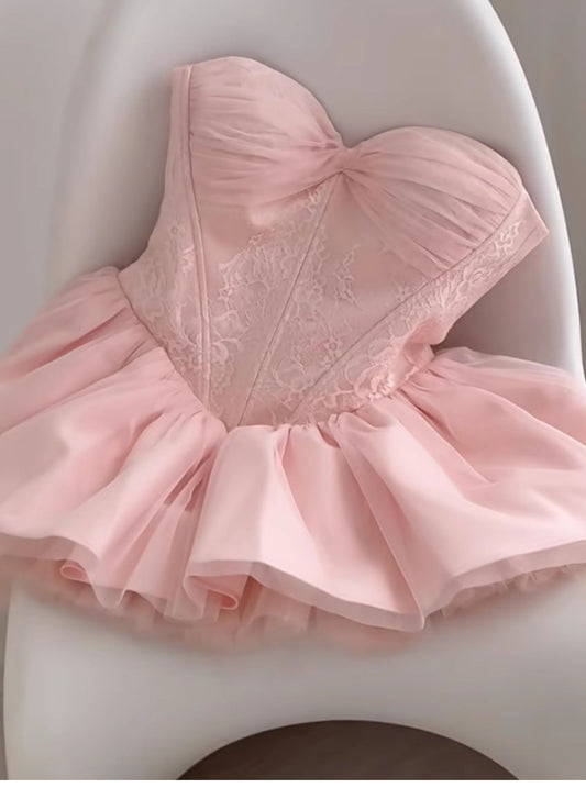 Cute Ball Gown Sweetheart Pink Lace Short Summer Birthday Dress Hoco Dress Birthday Outfit 21st Birthday Mini Party Dresses DP1704