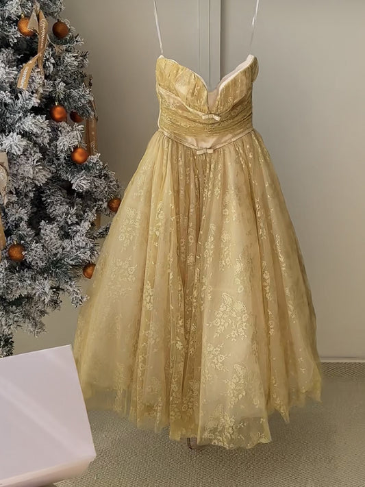 Cute Ball Gown Strapless Tulle Gold Summer Birthday Dress Prom Dress Birthday Outfit 23rd Birthday Party Dresses DP1732