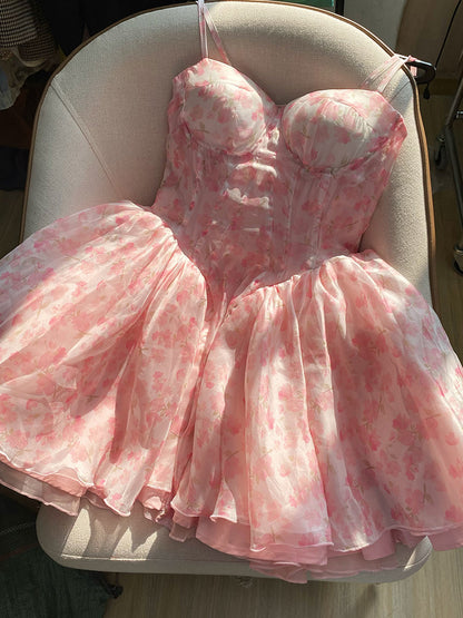 Cute Ball Gown Spaghetti Straps Floral Short Summer Birthday Dress Hoco Dress Mini Birthday Outfit 23rd Birthday Party Dresses DP1736