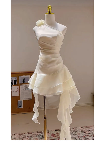 Cute A line One Shoulder White Summer Homecoming Dress Hoco Dress Mini 18th Birthday Outfit Cocktail Dresses DP1749
