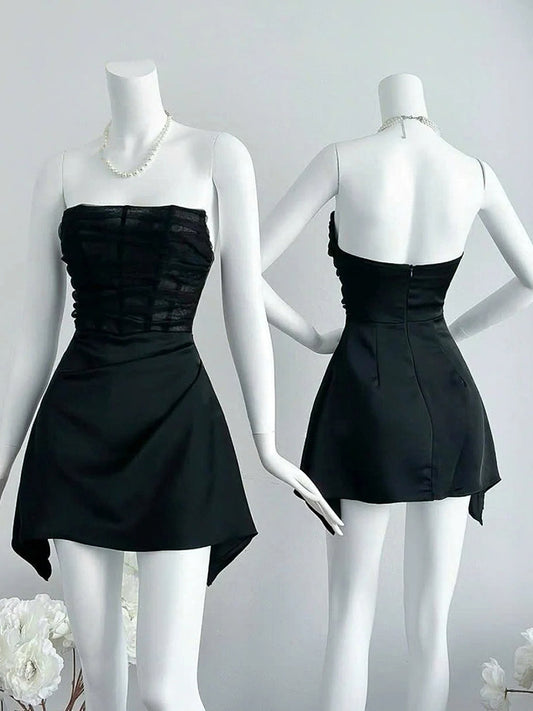 Simple A line Strapless Black Tulle Short Homecoming Dress Summer Hoco Dresses Cocktail Dress DP1755