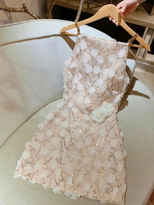 Cute A line Pink Straps Summer Homecoming Dress Sequin Hoco Dress Mini 18th Birthday Outfit Cocktail Dresses DP1761