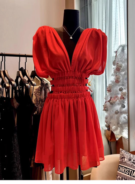 Simple A line V Neck Red Short Homecoming Dress Summer Hoco Dresses Cocktail Dress D1766