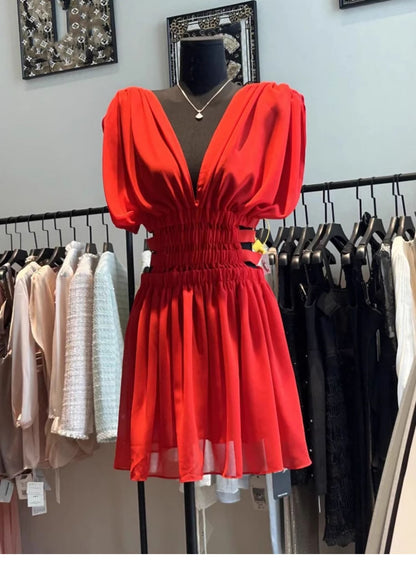 Simple A line V Neck Red Short Homecoming Dress Summer Hoco Dresses Cocktail Dress D1766