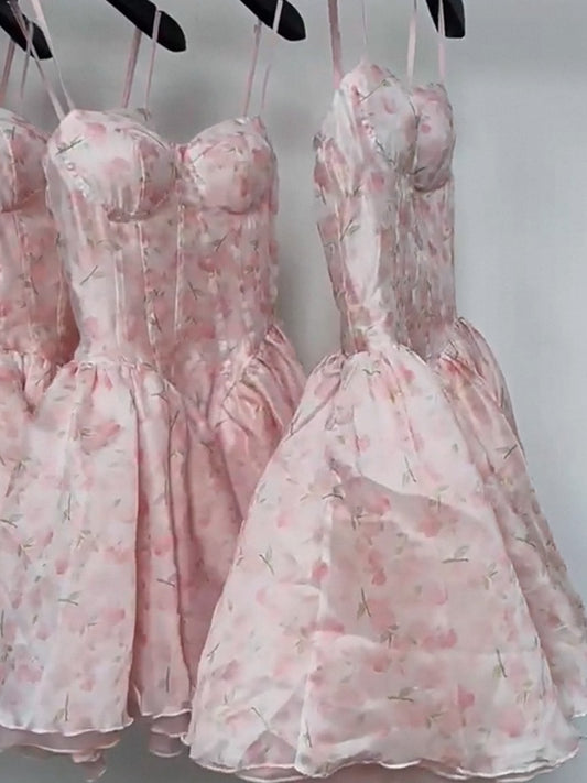 Simple A line Spaghetti Straps Pink Floral Chiffon Homecoming Dress Summer Hoco Dresses Cocktail Dress D1767
