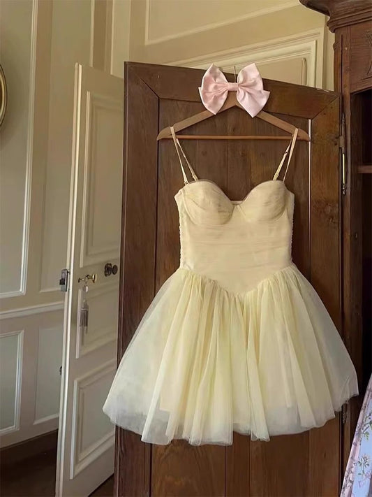 Simple A line Spaghetti Straps Tulle Beige Homecoming Dress Summer Hoco Dresses Cocktail Dress D1769