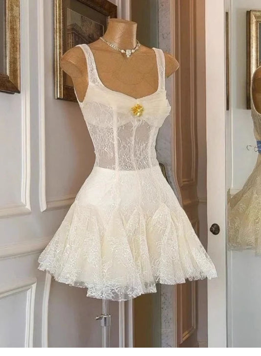 Simple A line Straps Ruffles Black Lace Short Homecoming Dress Summer Hoco Dresses Cocktail Dress DP1773
