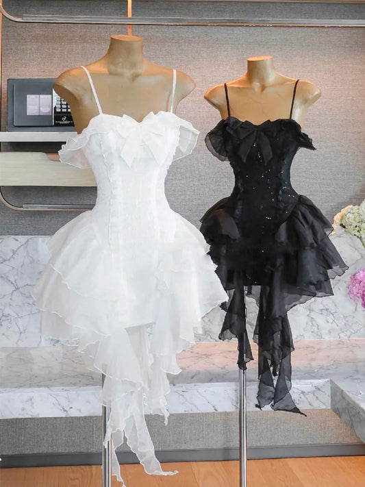Simple A line Spaghetti Straps Ruffles Black Short Homecoming Dress Summer Hoco Dresses Cocktail Dress DP1774