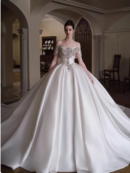 Dreamy Wedding Dress Ball Gown Off The Shoulder Satin Wedding Dresses Bridal Gowns DP1807