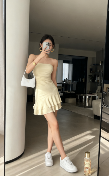 Cute A line Strapless Champagne Summer Birthday Dress Hoco Dress Mini Birthday Outfit 18th Birthday Cocktail Dresses DP1844