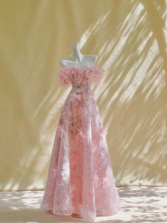 Wunderschönes A-Linien-Träger-ärmelloses rosa Tüll-langes Ballkleid Abendkleid Abendkleid DP1844