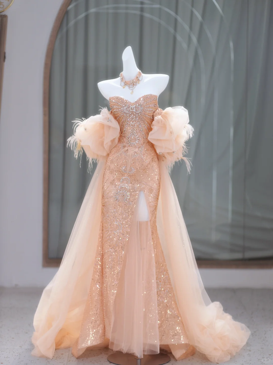 Vintage Mermaid Sweetheart Sleeveless Sequin Gold Long Prom Dresses Ruffles Evening Gowns Evening Dress DP1845